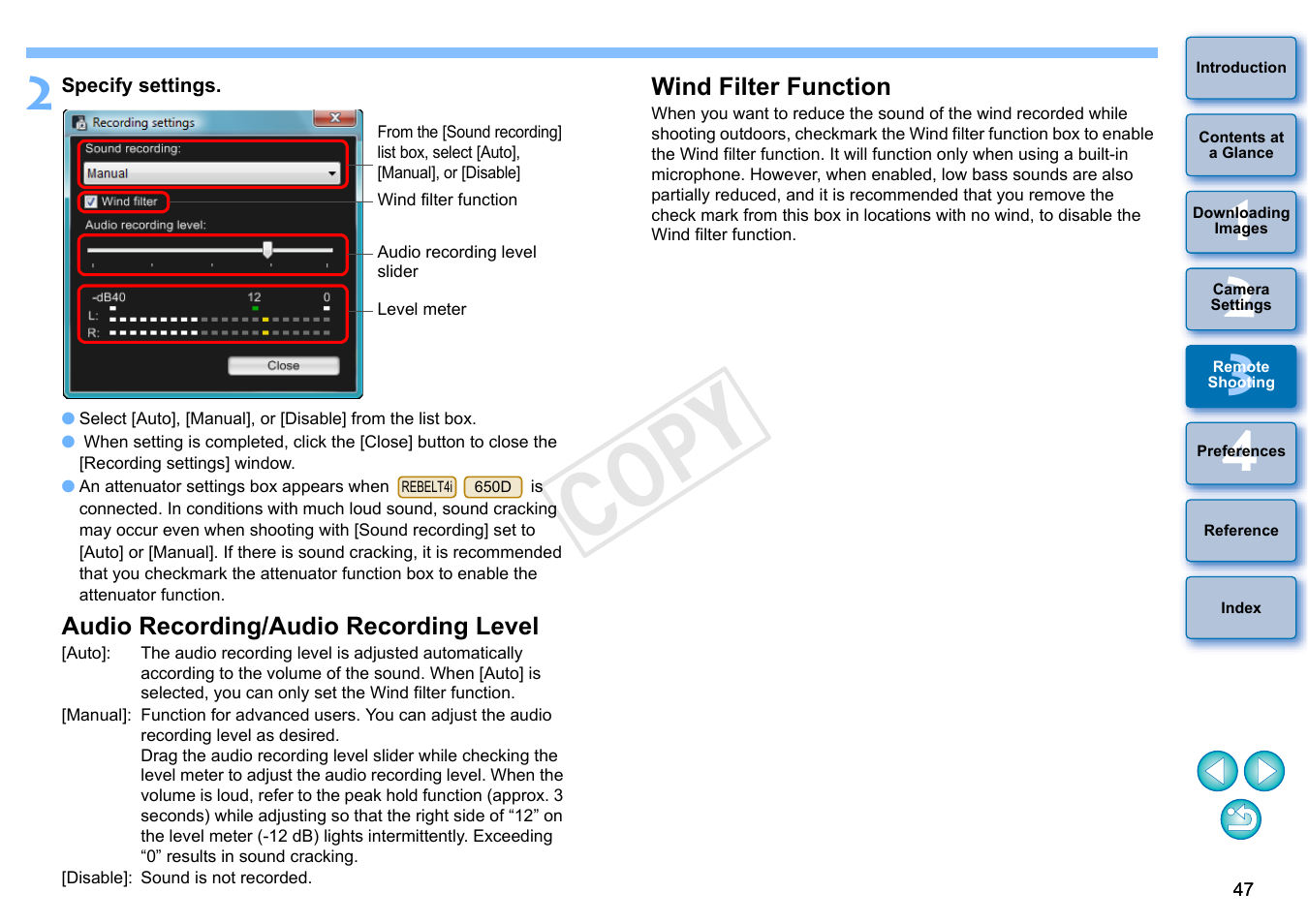 Audio recording/audio recording level, Wind filter function, Cop y | Canon EOS Rebel T3i 18-55mm IS II Lens Kit User Manual | Page 48 / 102