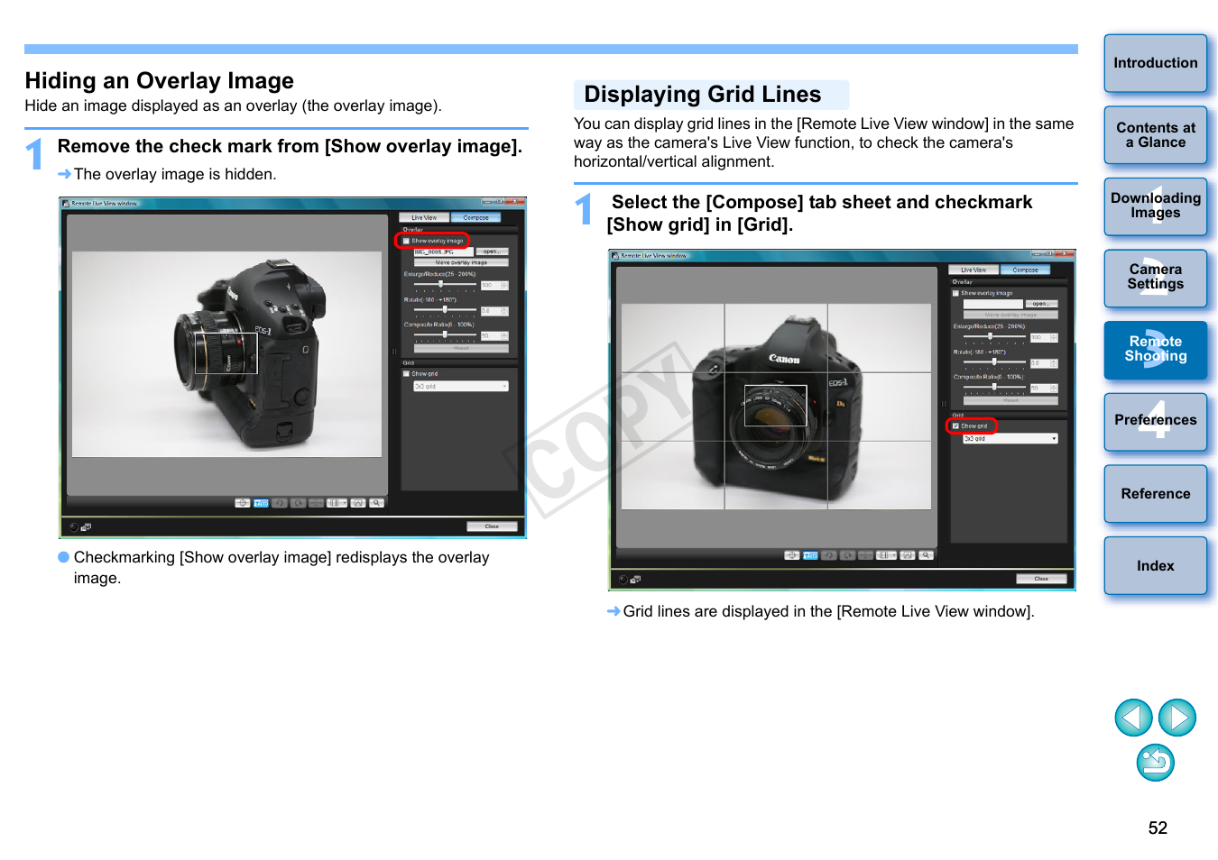 Hiding an overlay image, Displaying grid lines, Cop y | Canon EOS Rebel T3i 18-55mm IS II Lens Kit User Manual | Page 53 / 102