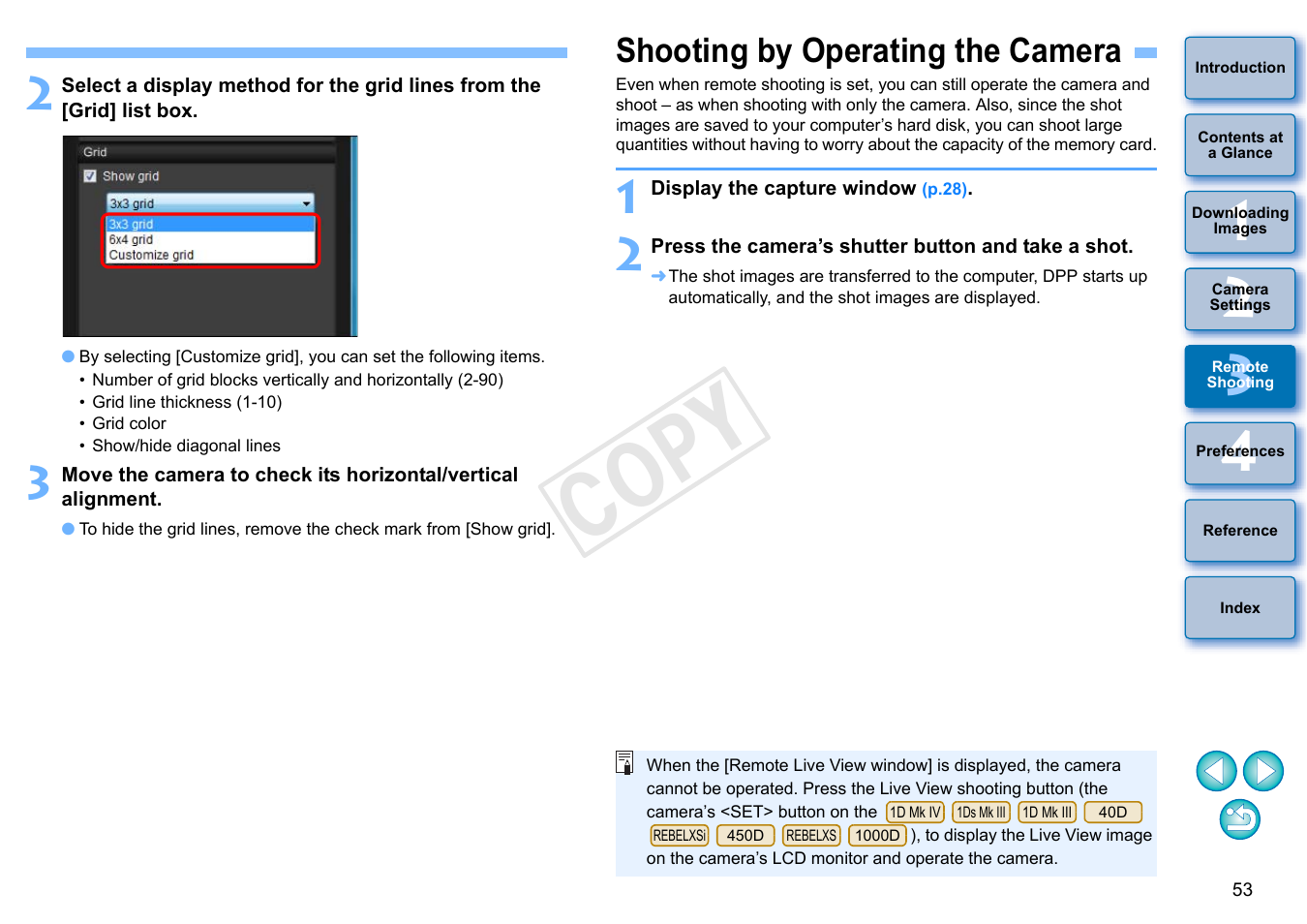 Shooting by operating the camera, P.53, Cop y | Canon EOS Rebel T3i 18-55mm IS II Lens Kit User Manual | Page 54 / 102