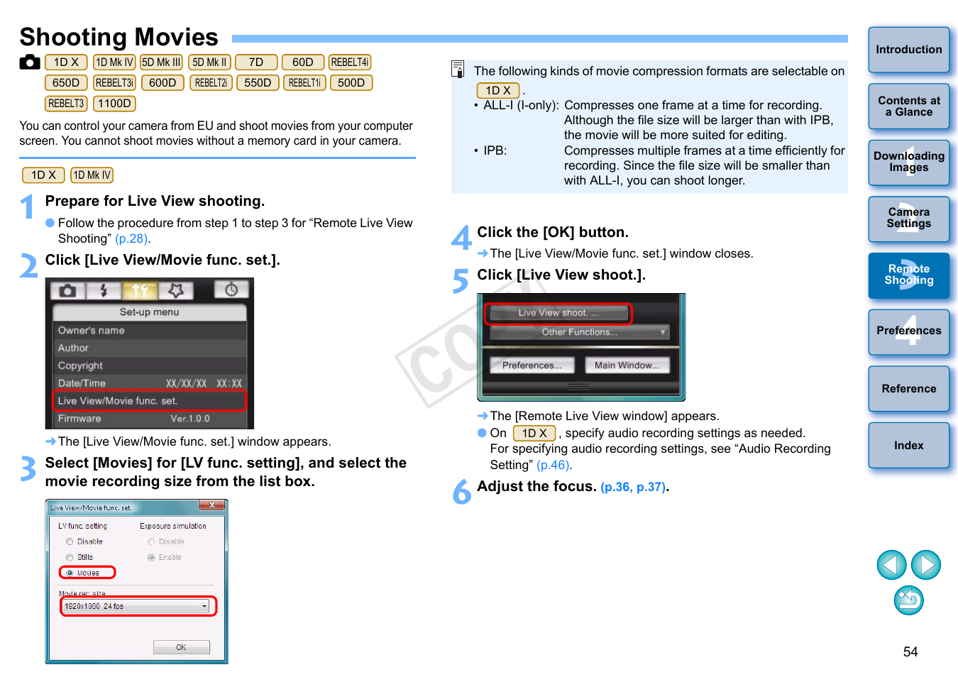Shooting movies, P.54, P.54) | Cop y | Canon EOS Rebel T3i 18-55mm IS II Lens Kit User Manual | Page 55 / 102
