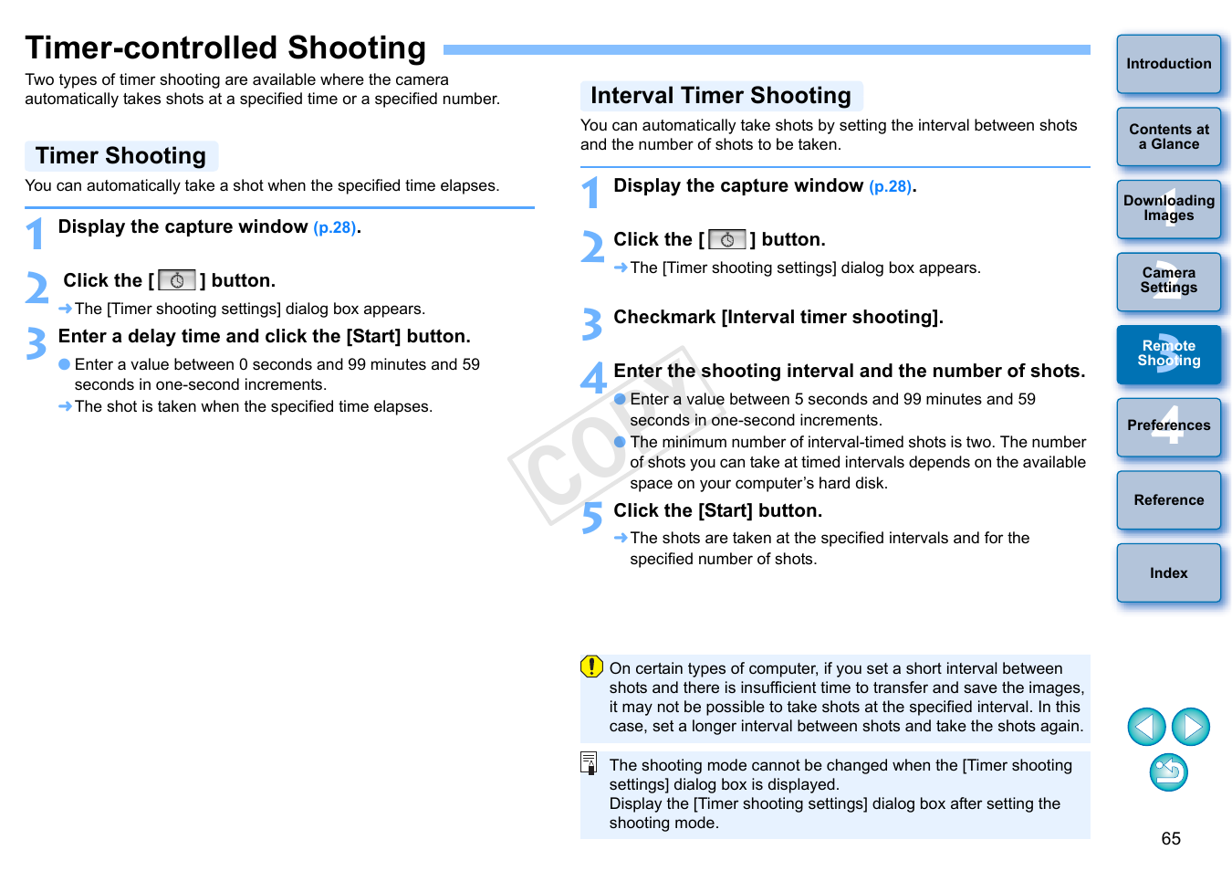 Timer-controlled shooting, P.65, Timer shooting | Interval timer shooting, Cop y | Canon EOS Rebel T3i 18-55mm IS II Lens Kit User Manual | Page 66 / 102