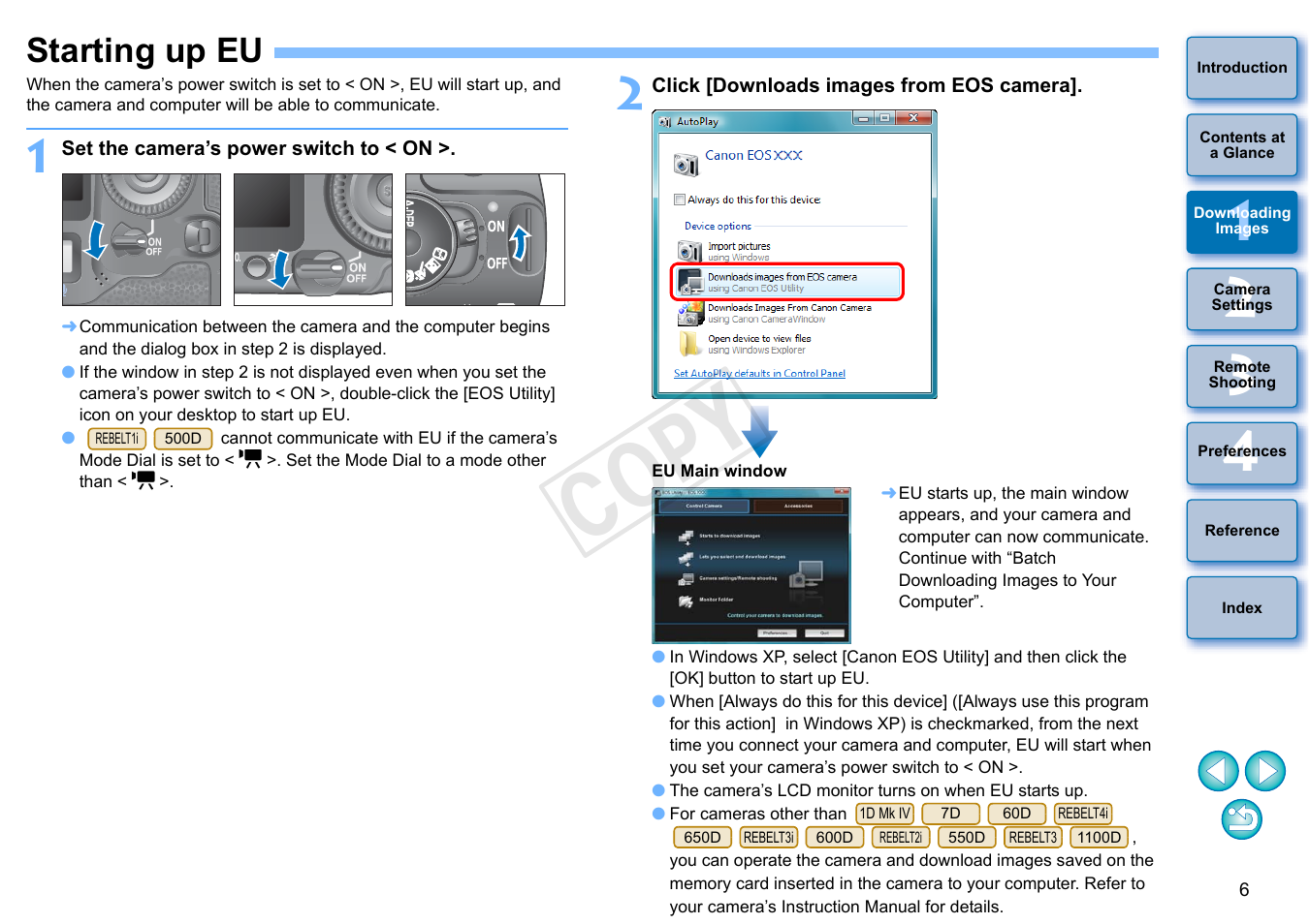 Starting up eu, Cop y | Canon EOS Rebel T3i 18-55mm IS II Lens Kit User Manual | Page 7 / 102