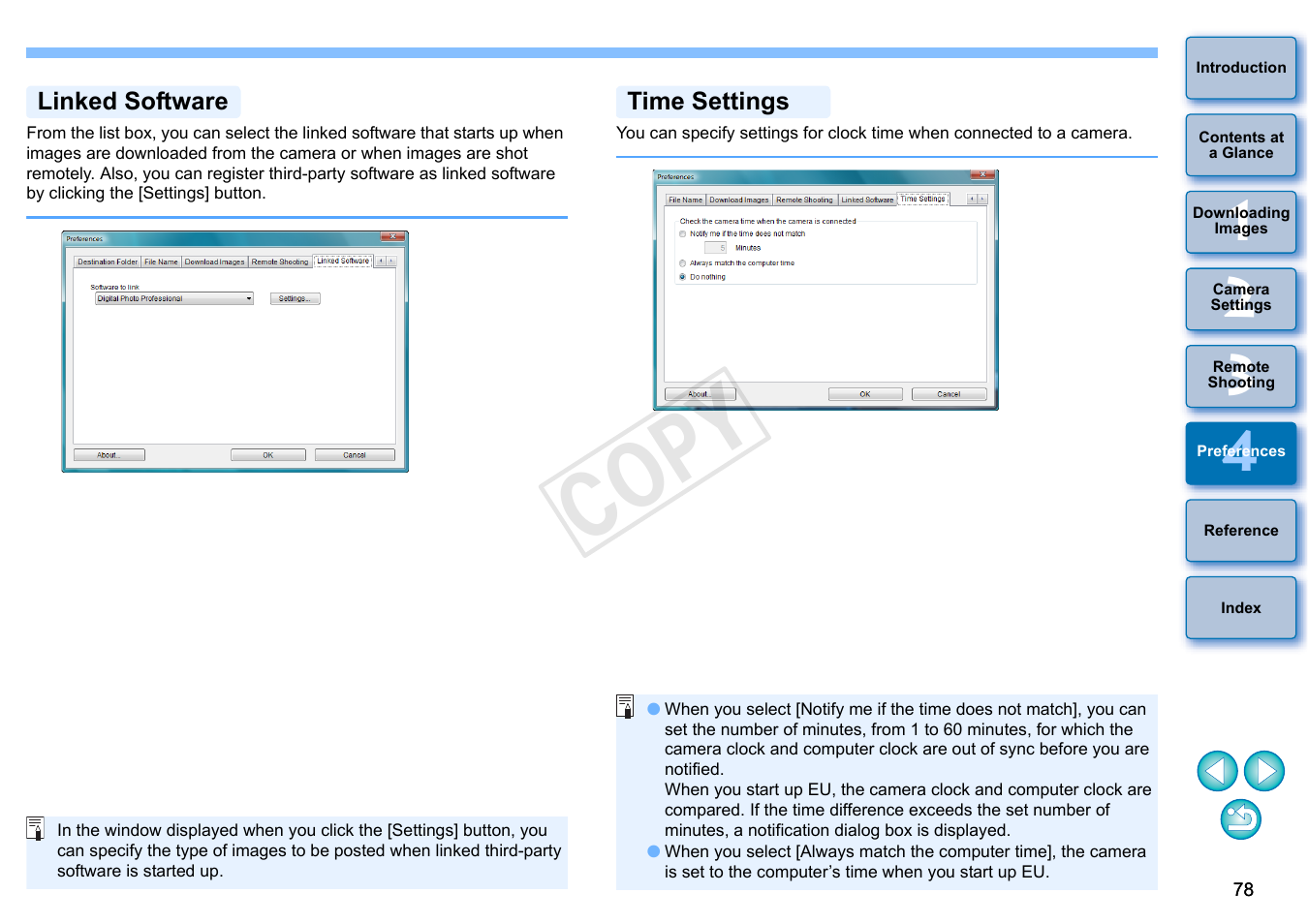 P.78), Linked software, Time settings | Cop y | Canon EOS Rebel T3i 18-55mm IS II Lens Kit User Manual | Page 79 / 102