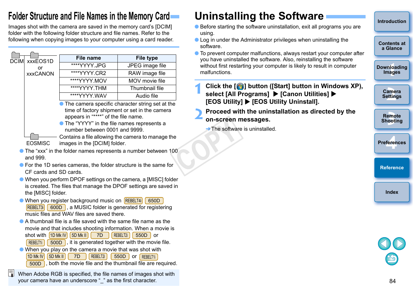 Folder structure and file names in the memory card, Uninstalling the software, P.84 | Cop y | Canon EOS Rebel T3i 18-55mm IS II Lens Kit User Manual | Page 85 / 102
