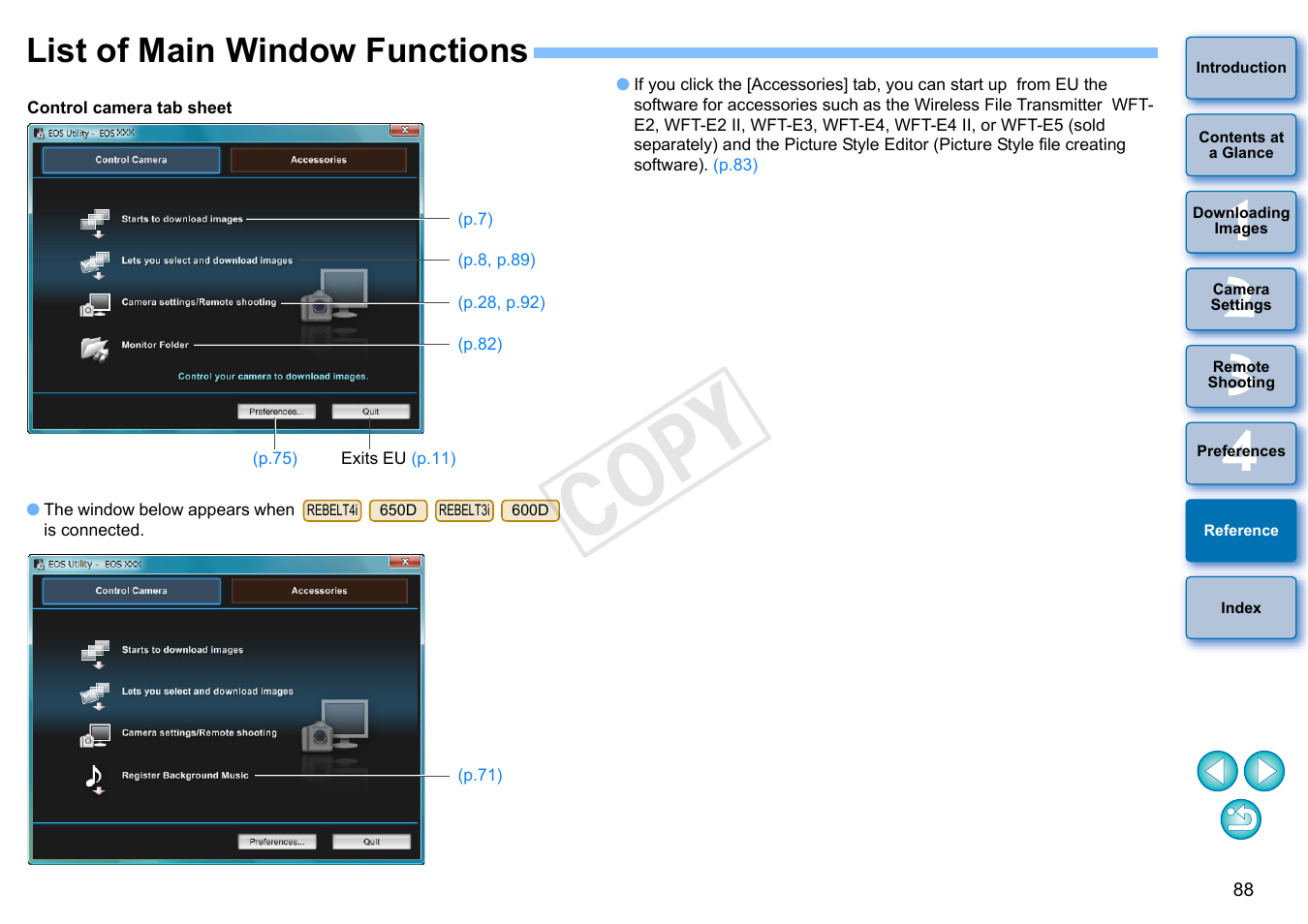 List of main window functions, Cop y | Canon EOS Rebel T3i 18-55mm IS II Lens Kit User Manual | Page 89 / 102