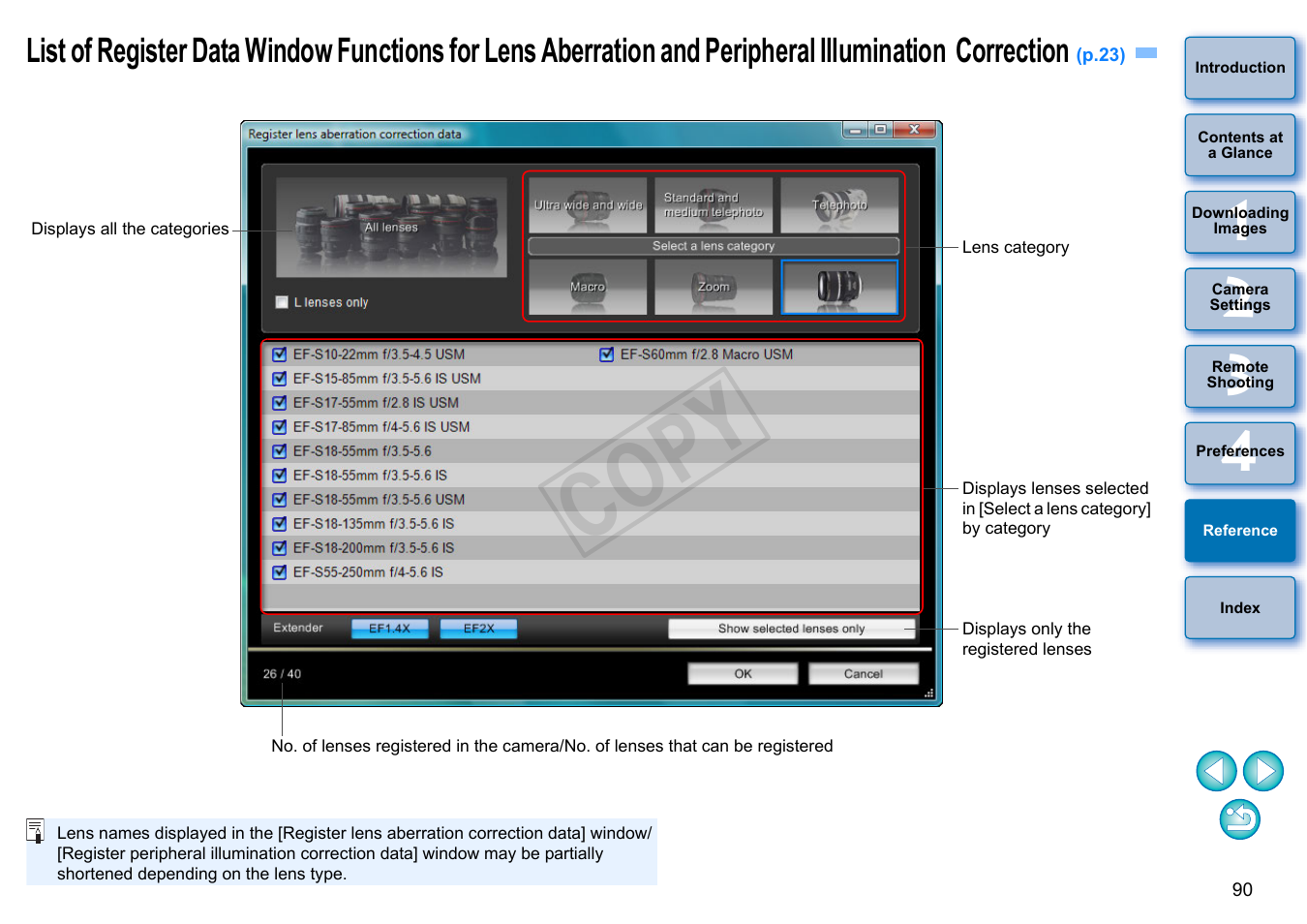 P.90, List of register data window functions for lens, Aberration and peripheral illumination correction | Cop y | Canon EOS Rebel T3i 18-55mm IS II Lens Kit User Manual | Page 91 / 102