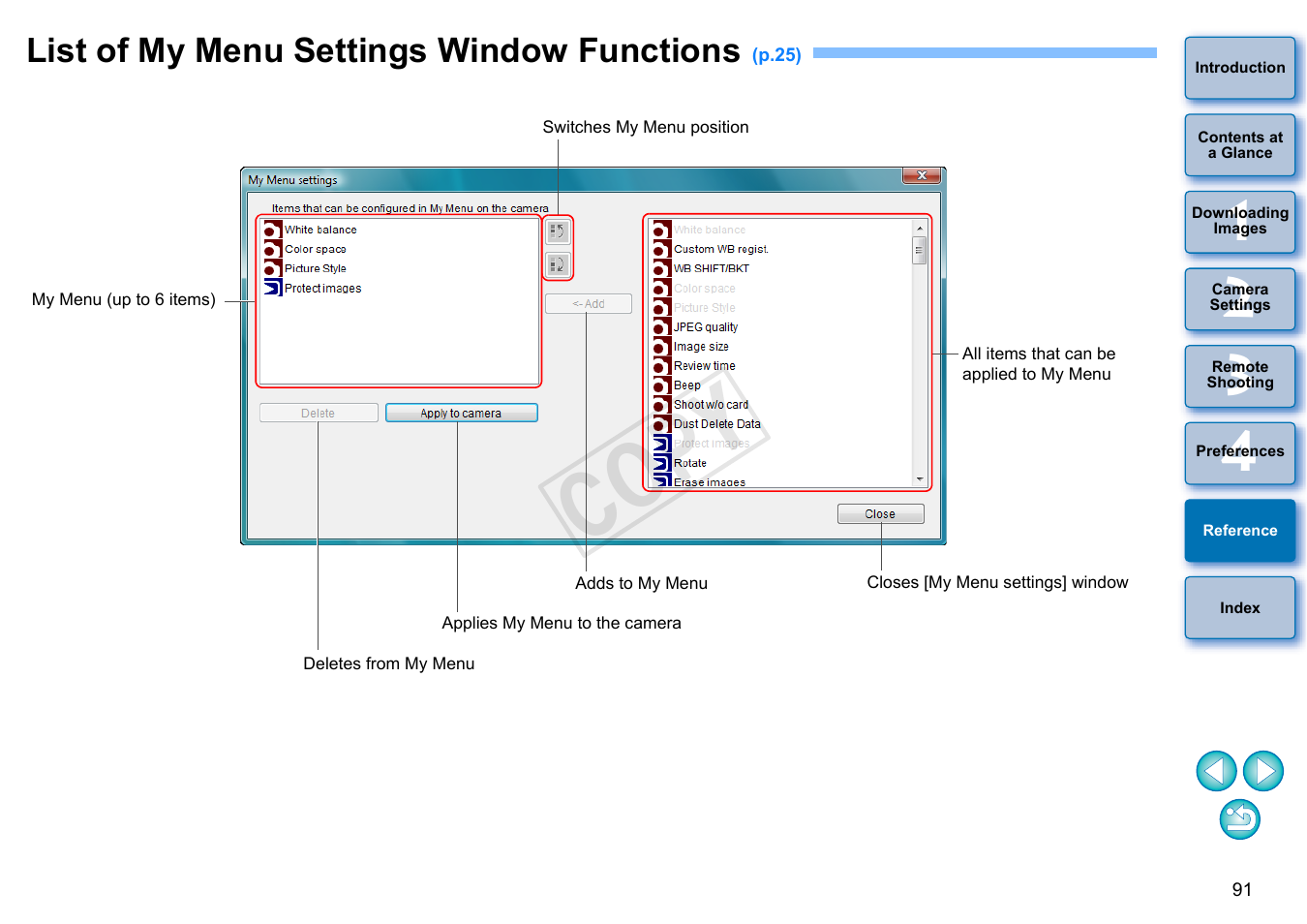 List of my menu settings window functions, P.91, Cop y | Canon EOS Rebel T3i 18-55mm IS II Lens Kit User Manual | Page 92 / 102