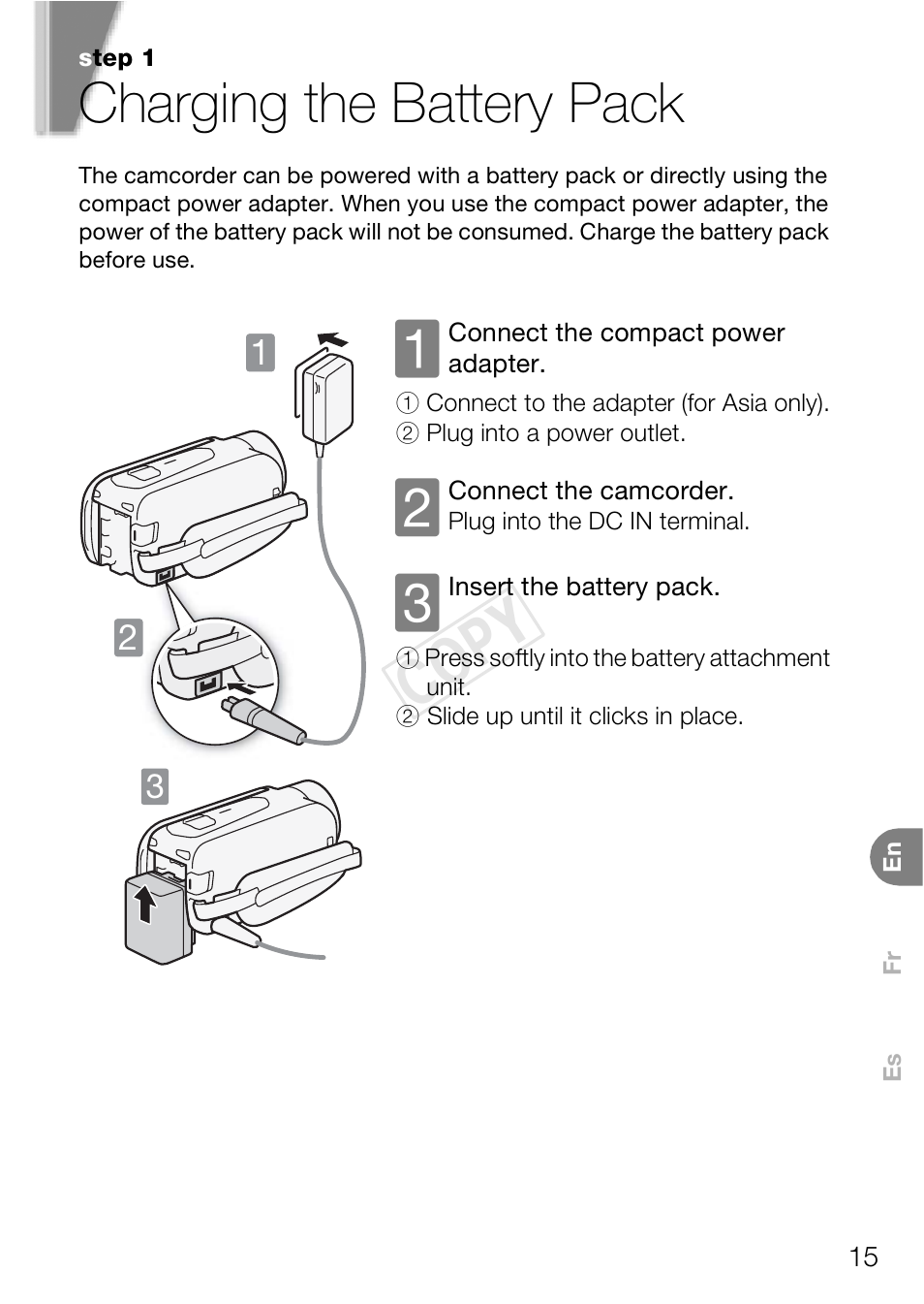 Charging the battery pack, Cop y | Canon VIXIA HF R400 User Manual | Page 15 / 37