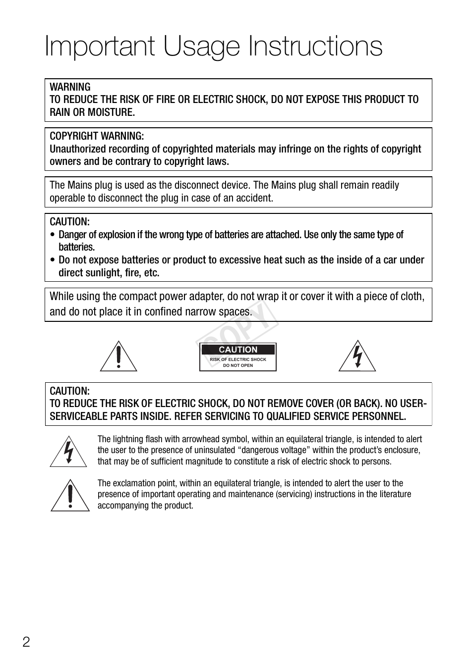 Cop y, Important usage instructions | Canon VIXIA HF R400 User Manual | Page 2 / 37