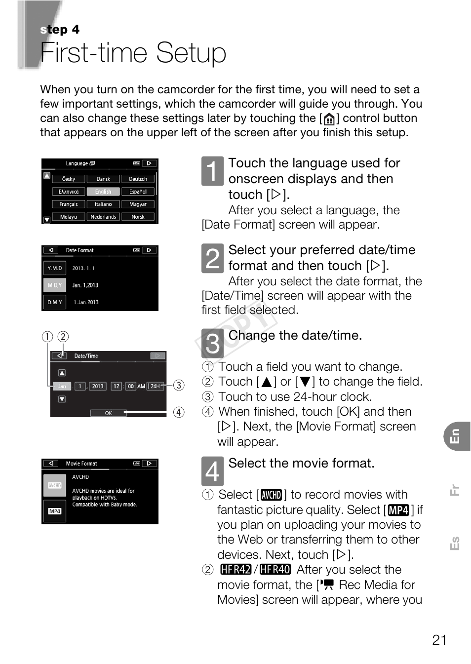 First-time setup, Cop y | Canon VIXIA HF R400 User Manual | Page 21 / 37