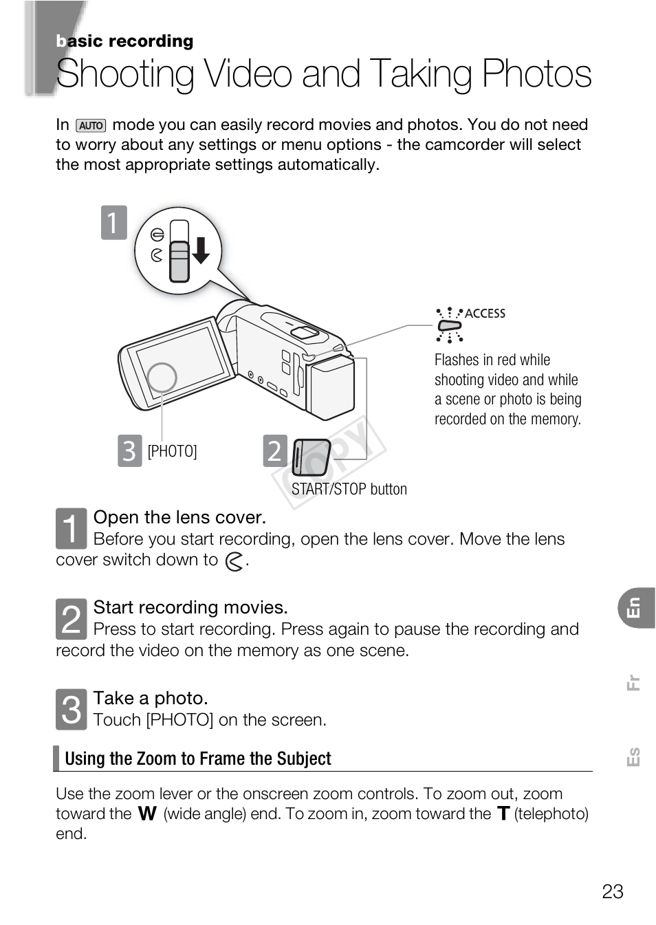 Shooting video and taking photos, Cop y | Canon VIXIA HF R400 User Manual | Page 23 / 37