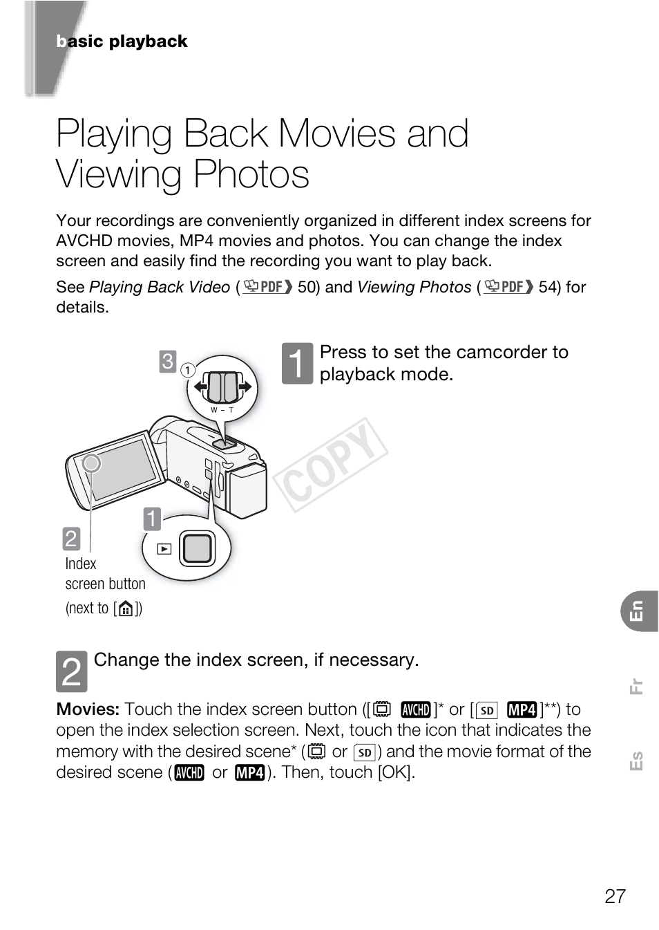 Playing back movies and viewing photos, Cop y | Canon VIXIA HF R400 User Manual | Page 27 / 37