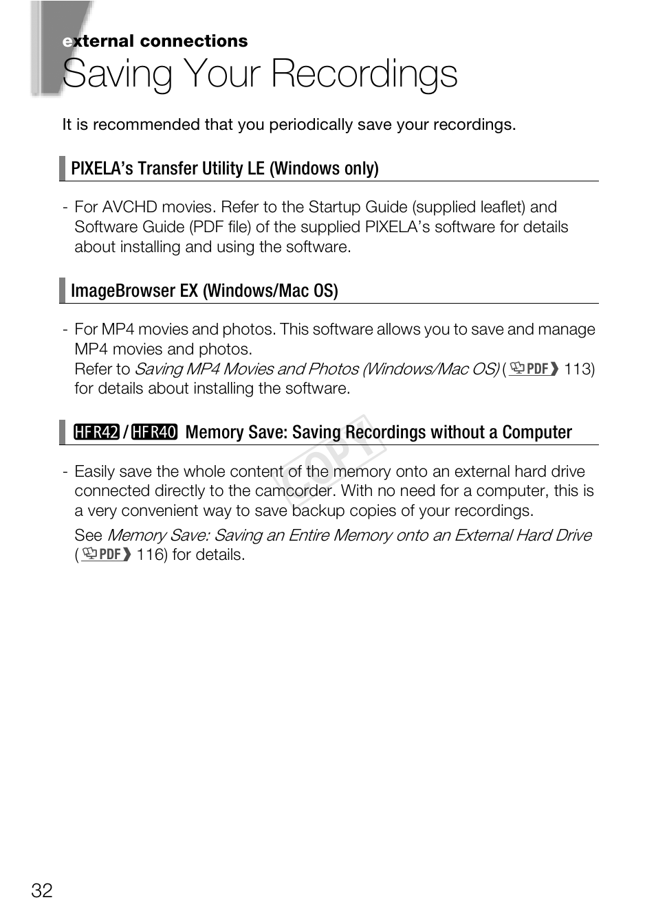 Saving your recordings, Cop y | Canon VIXIA HF R400 User Manual | Page 32 / 37