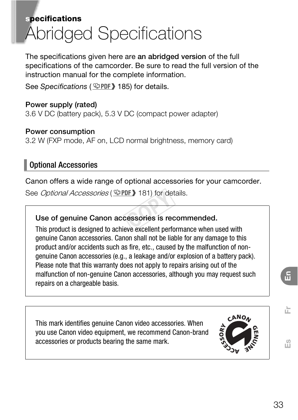 Abridged specifications, Cop y | Canon VIXIA HF R400 User Manual | Page 33 / 37