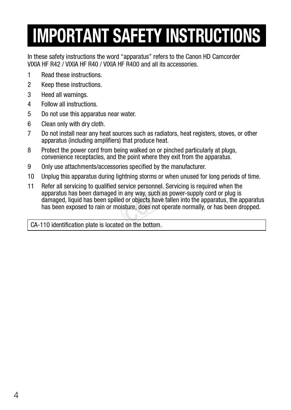 Important safety instructions, Cop y | Canon VIXIA HF R400 User Manual | Page 4 / 37