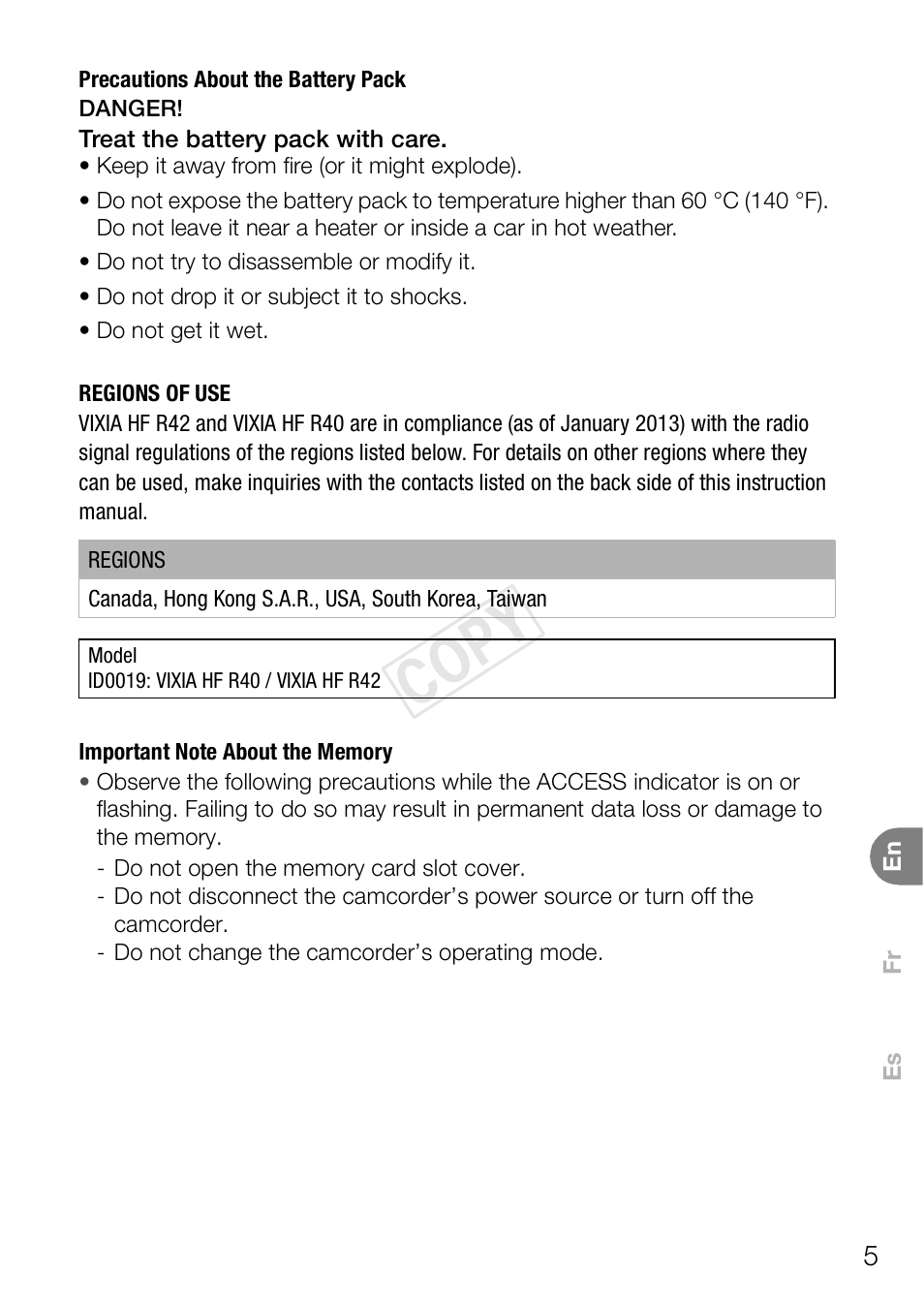 Cop y | Canon VIXIA HF R400 User Manual | Page 5 / 37