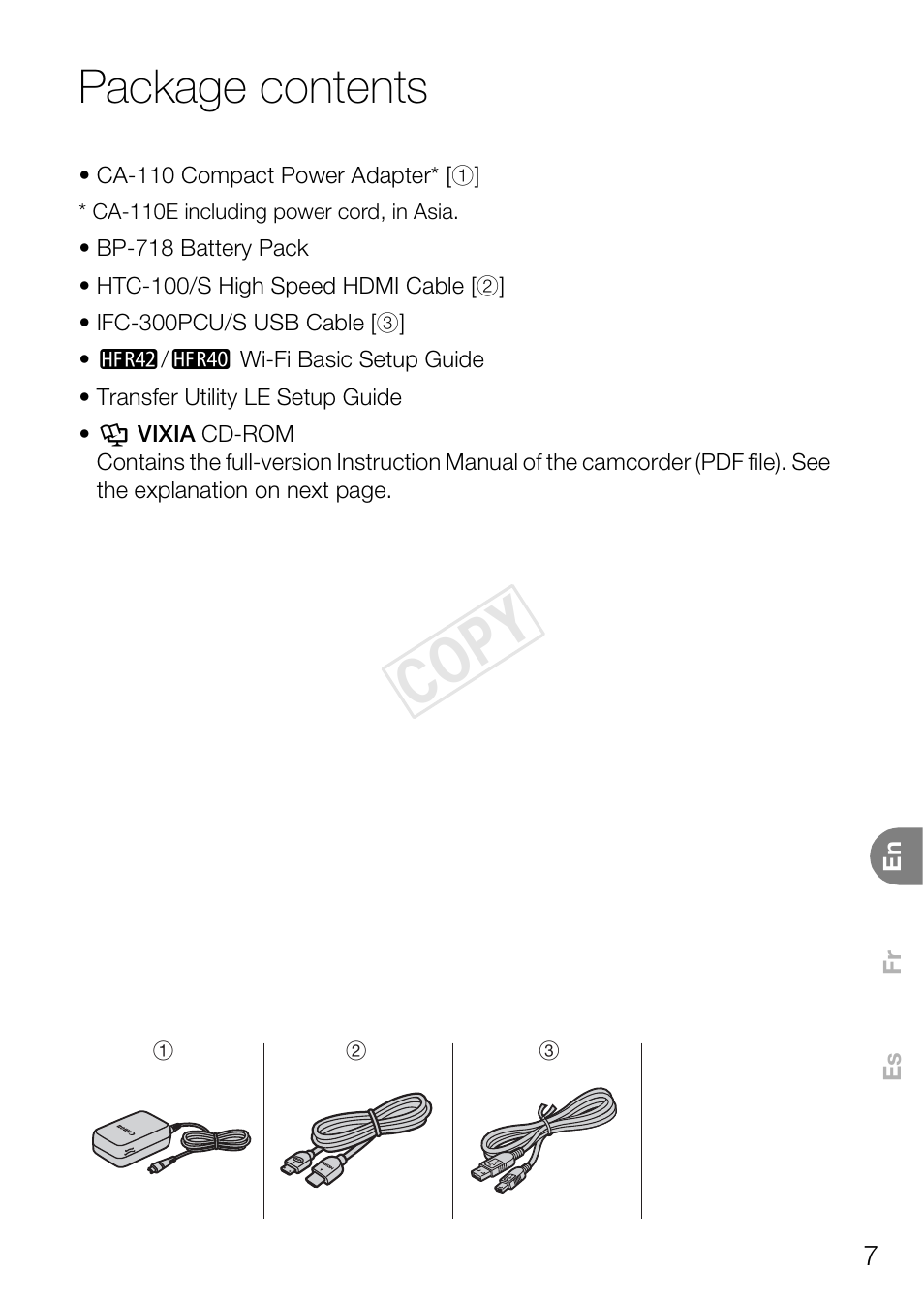 Cop y, Package contents | Canon VIXIA HF R400 User Manual | Page 7 / 37