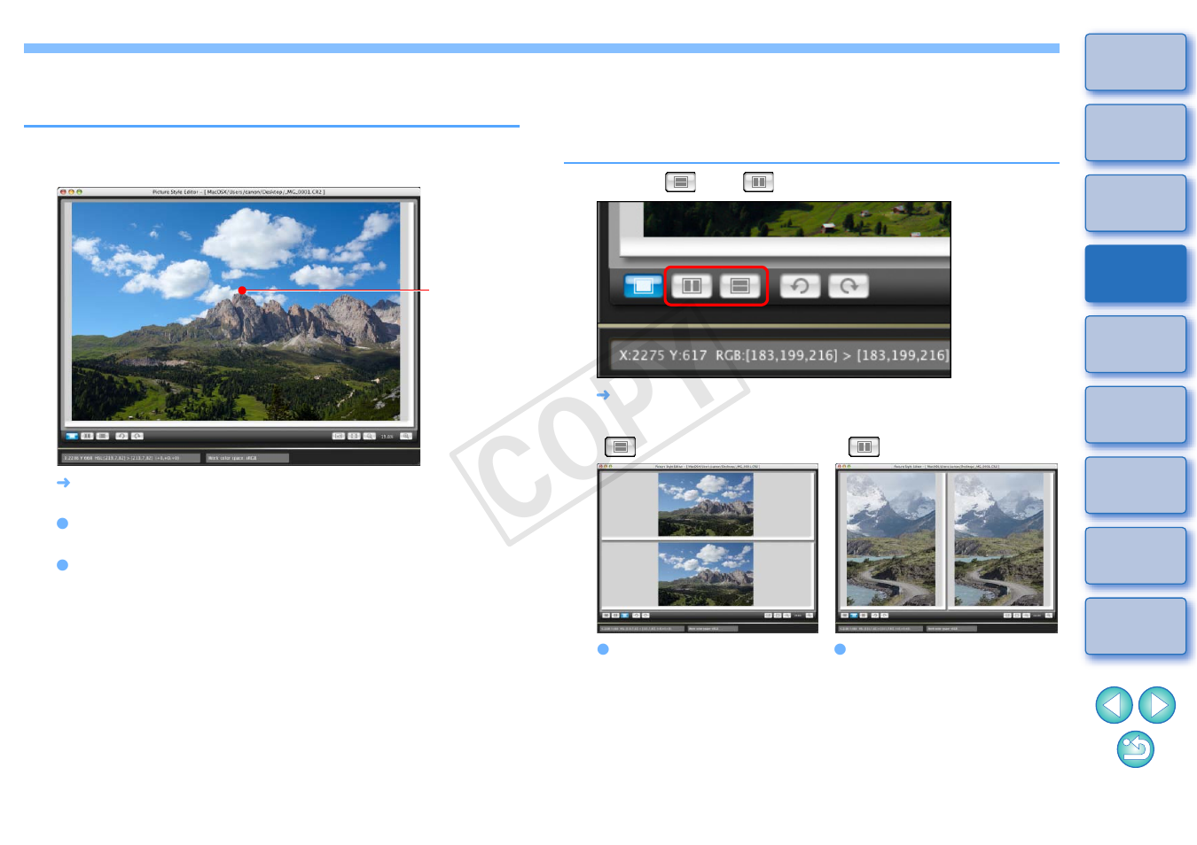 Enlarging a specific area, Adjusting while comparing with the original image, P.6) | T split), Cop y | Canon EOS Rebel T3i 18-55mm IS II Lens Kit User Manual | Page 7 / 19