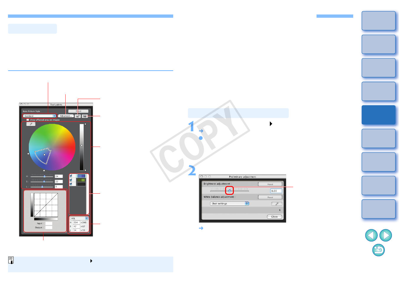 Pre-adjusting the images, Pre-adjustments, Tool palette | Correcting the brightness, P.8, p.14, Cop y | Canon EOS Rebel T3i 18-55mm IS II Lens Kit User Manual | Page 9 / 19