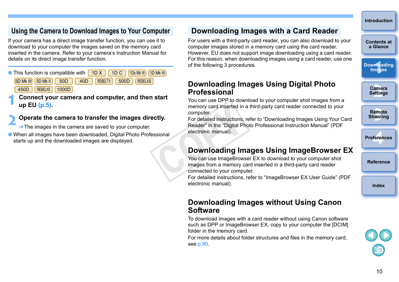 P.10, Downloading images with a card reader, Downloading images using imagebrowser ex | Downloading images without using canon software, Cop y | Canon EOS Rebel T5i 18-55mm IS STM Lens Kit User Manual | Page 11 / 109