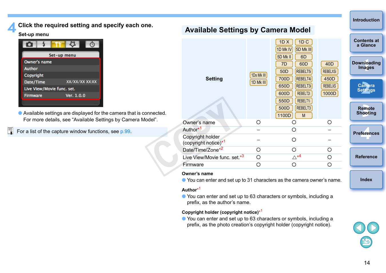 Available settings by camera model, Cop y | Canon EOS Rebel T5i 18-55mm IS STM Lens Kit User Manual | Page 15 / 109
