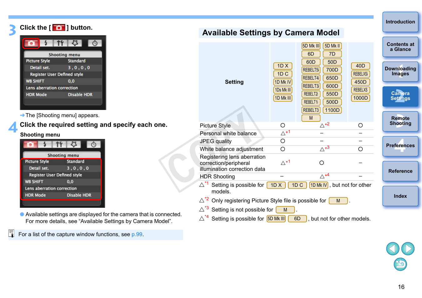 Available settings by camera model, Cop y | Canon EOS Rebel T5i 18-55mm IS STM Lens Kit User Manual | Page 17 / 109