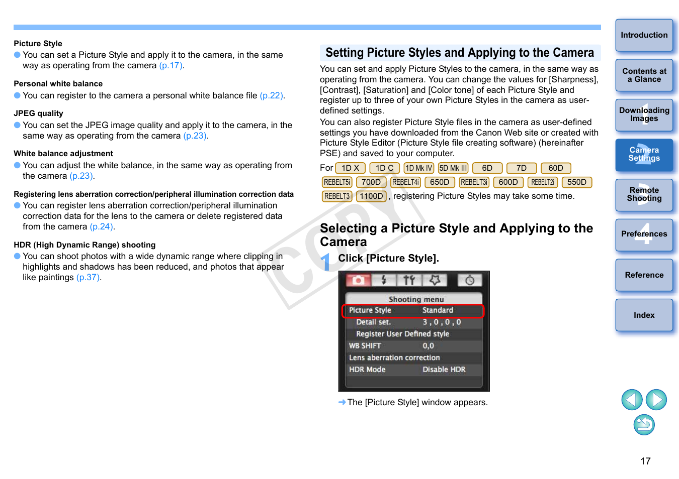 P.17, Setting picture styles and applying to the camera, Cop y | Canon EOS Rebel T5i 18-55mm IS STM Lens Kit User Manual | Page 18 / 109