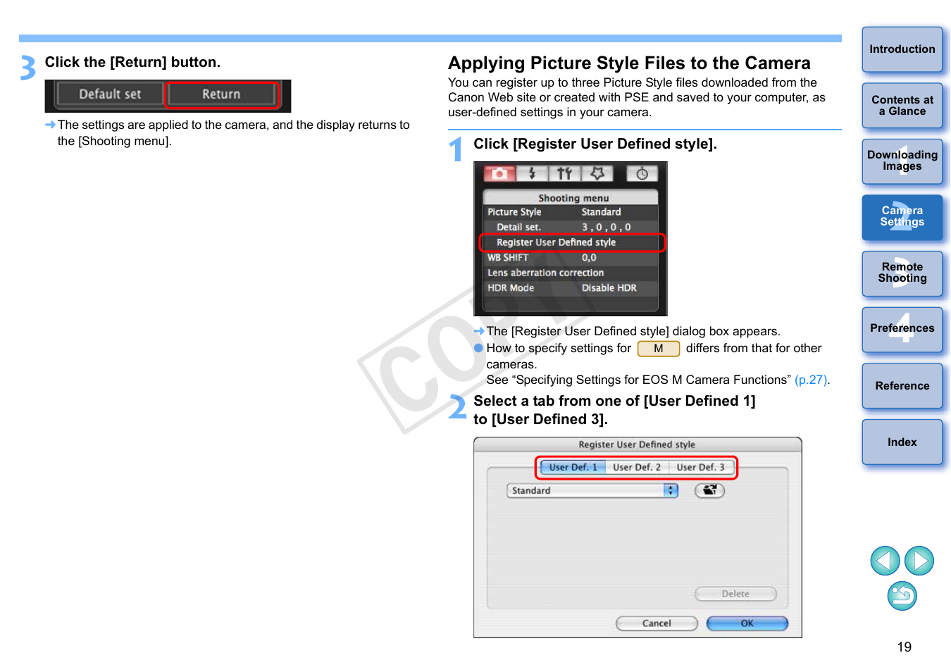 P.19, Applying picture style files to the camera, Cop y | Canon EOS Rebel T5i 18-55mm IS STM Lens Kit User Manual | Page 20 / 109