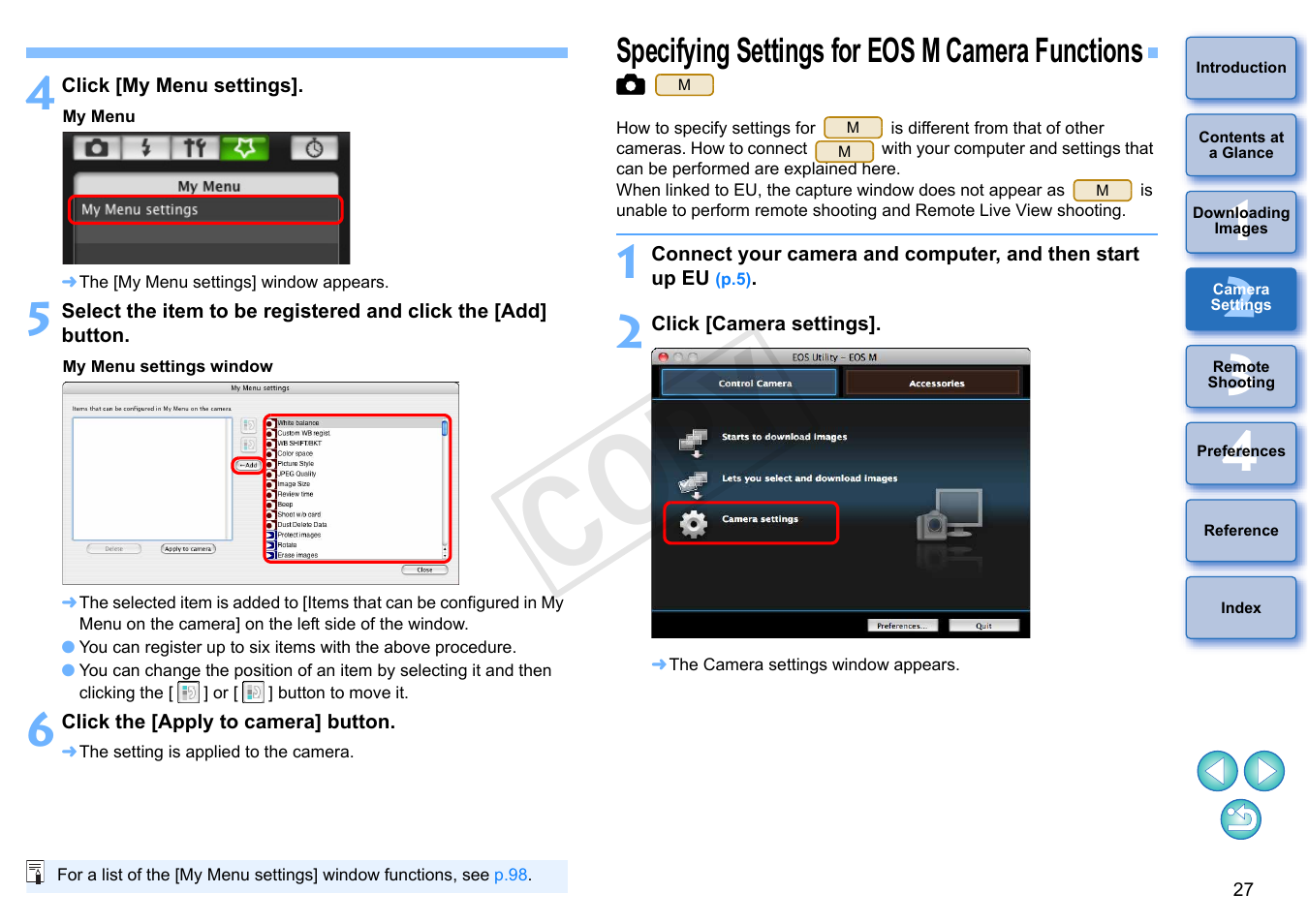 Specifying settings for eos m camera functions, P.27, P.27) | Cop y | Canon EOS Rebel T5i 18-55mm IS STM Lens Kit User Manual | Page 28 / 109