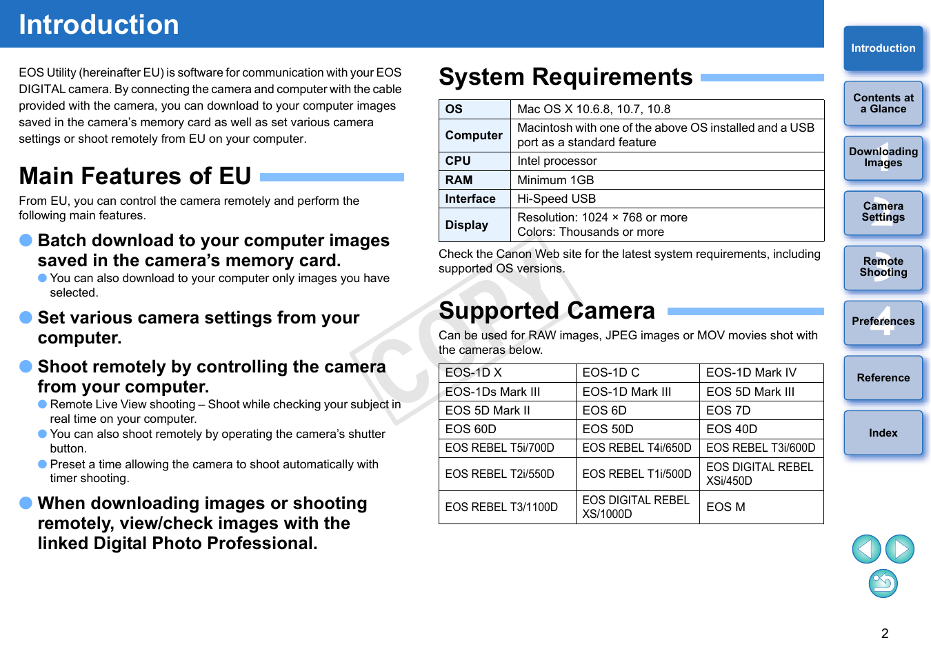 Introduction, Main features of eu, System requirements | Supported camera, Cop y | Canon EOS Rebel T5i 18-55mm IS STM Lens Kit User Manual | Page 3 / 109