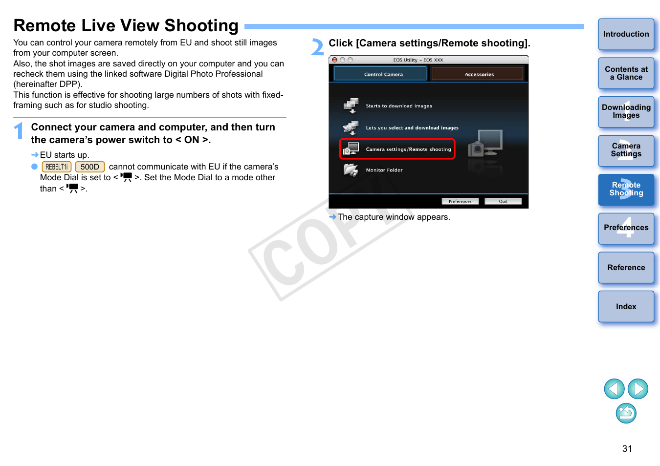 Remote live view shooting, P.31, P.31, p.57) | Cop y | Canon EOS Rebel T5i 18-55mm IS STM Lens Kit User Manual | Page 32 / 109