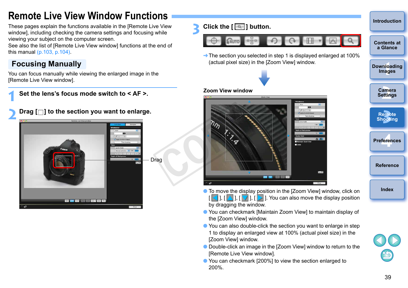 Remote live view window functions, Focusing manually, Cop y | Canon EOS Rebel T5i 18-55mm IS STM Lens Kit User Manual | Page 40 / 109