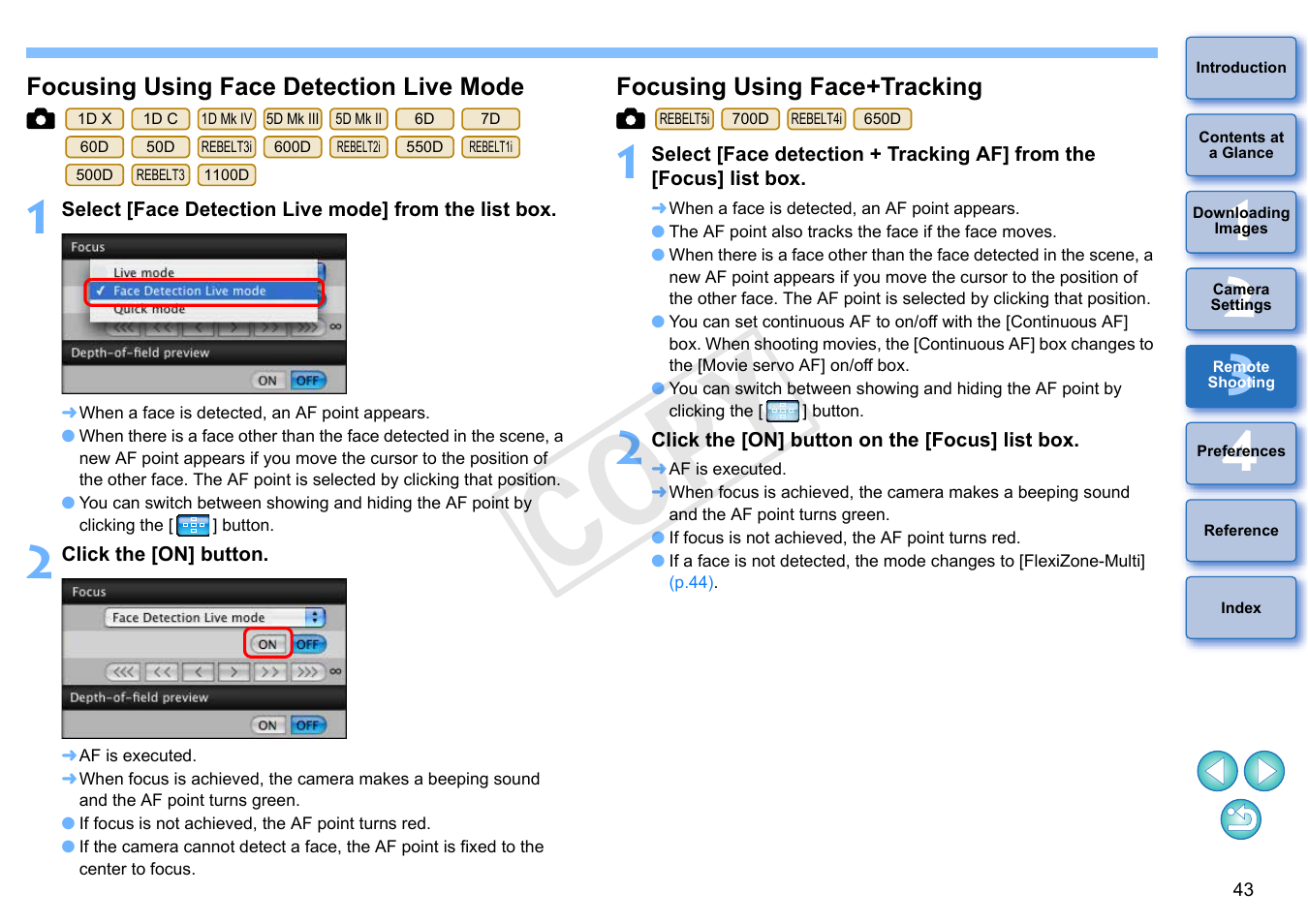 Focusing using face detection live mode, Focusing using face+tracking, Cop y | Canon EOS Rebel T5i 18-55mm IS STM Lens Kit User Manual | Page 44 / 109