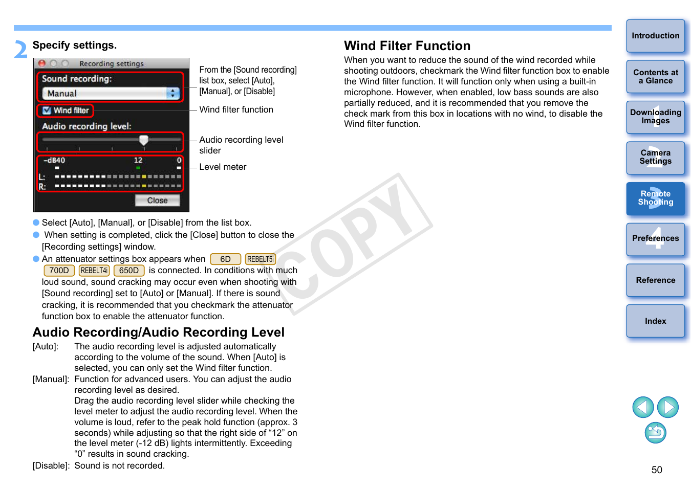Audio recording/audio recording level, Wind filter function, Cop y | Canon EOS Rebel T5i 18-55mm IS STM Lens Kit User Manual | Page 51 / 109