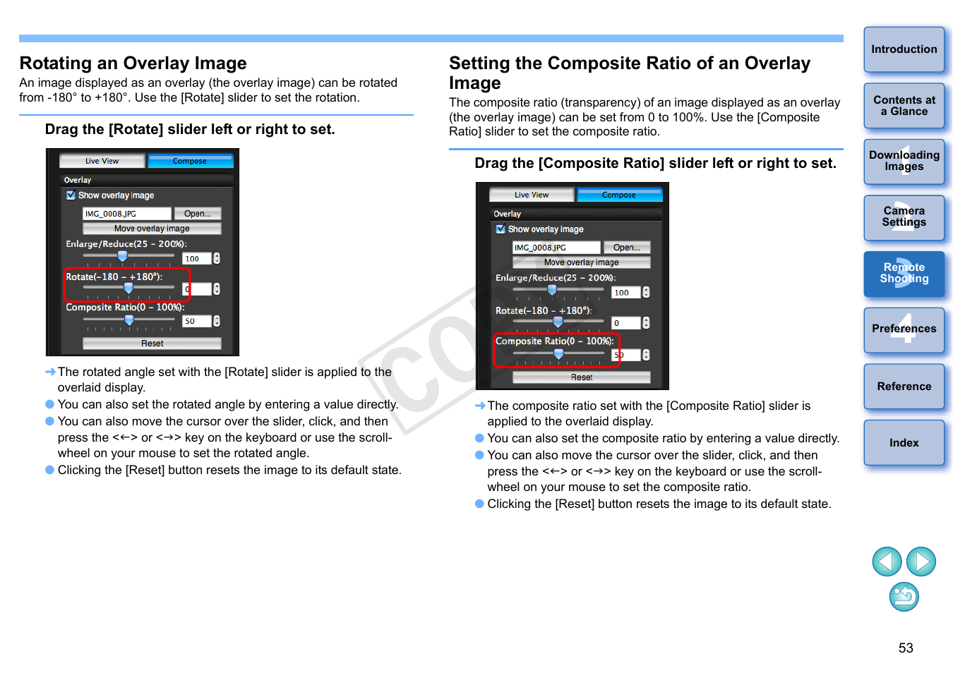 Rotating an overlay image, Setting the composite ratio of an overlay image, P.53) | Cop y | Canon EOS Rebel T5i 18-55mm IS STM Lens Kit User Manual | Page 54 / 109
