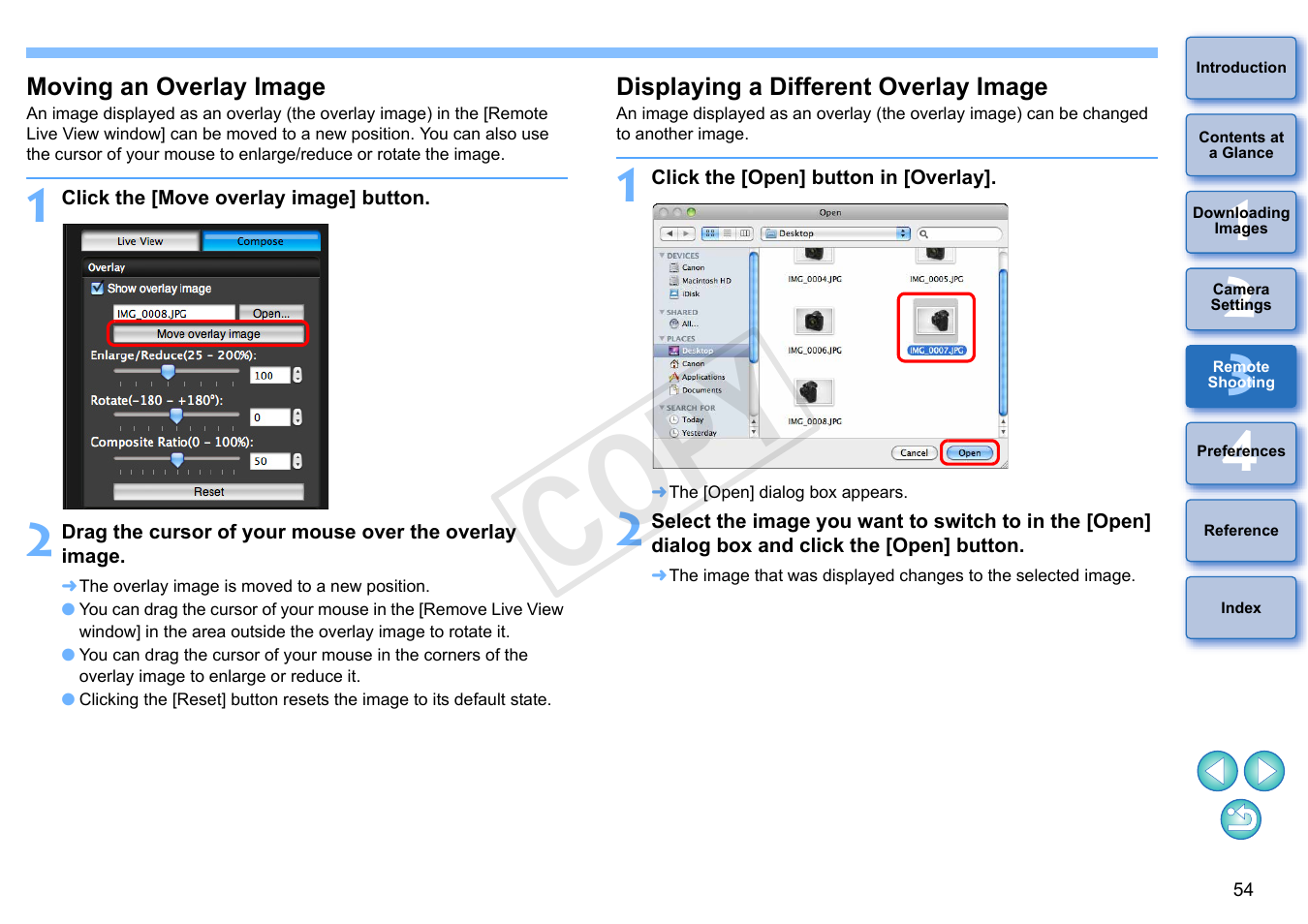 Moving an overlay image, Displaying a different overlay image, Cop y | Canon EOS Rebel T5i 18-55mm IS STM Lens Kit User Manual | Page 55 / 109