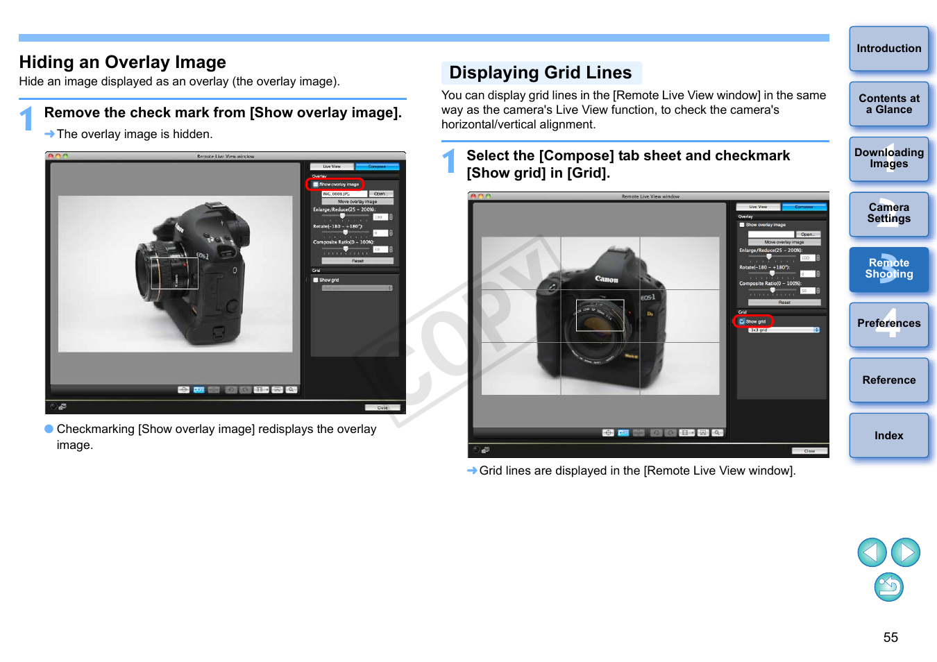 Hiding an overlay image, Displaying grid lines, Cop y | Canon EOS Rebel T5i 18-55mm IS STM Lens Kit User Manual | Page 56 / 109