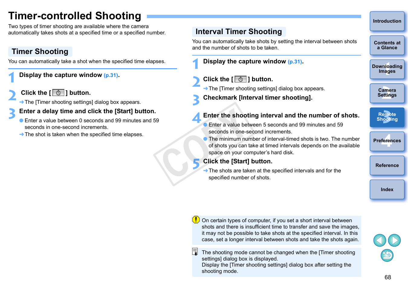 Timer-controlled shooting, P.68, Timer shooting | Interval timer shooting, Cop y | Canon EOS Rebel T5i 18-55mm IS STM Lens Kit User Manual | Page 69 / 109