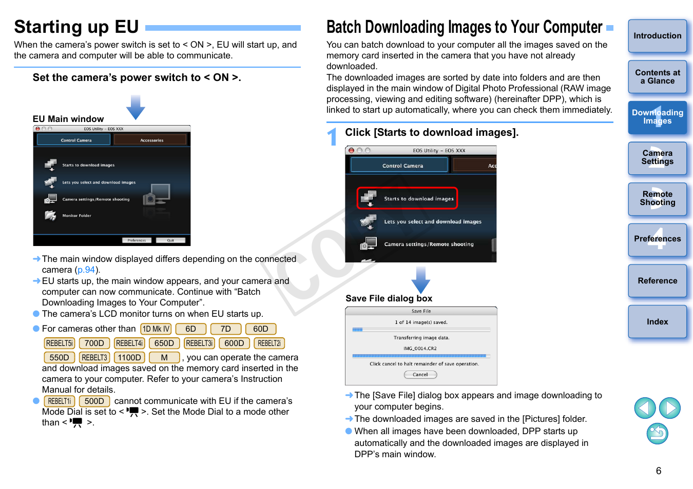 Starting up eu, Batch downloading images to your computer, Cop y | Canon EOS Rebel T5i 18-55mm IS STM Lens Kit User Manual | Page 7 / 109
