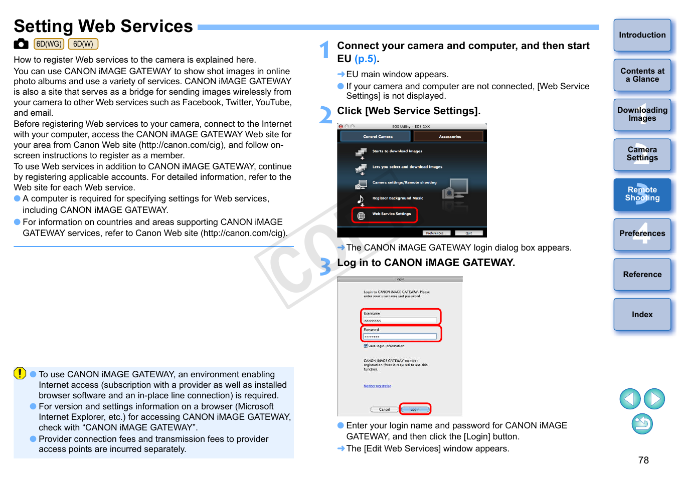 Setting web services, P.78, Cop y | Canon EOS Rebel T5i 18-55mm IS STM Lens Kit User Manual | Page 79 / 109