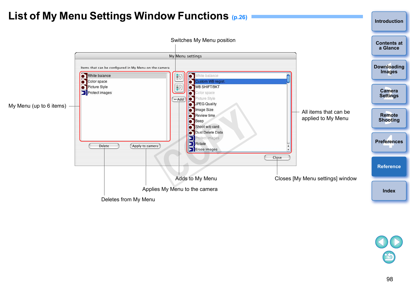 List of my menu settings window functions, P.98, Cop y | Canon EOS Rebel T5i 18-55mm IS STM Lens Kit User Manual | Page 99 / 109