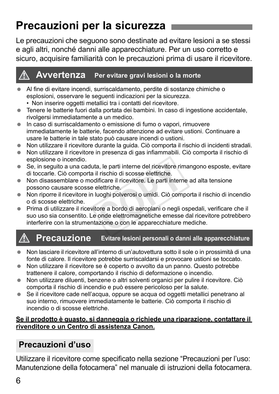 Cop y, Precauzioni per la sicurezza | Canon GPS Receiver GP-E1 User Manual | Page 104 / 228