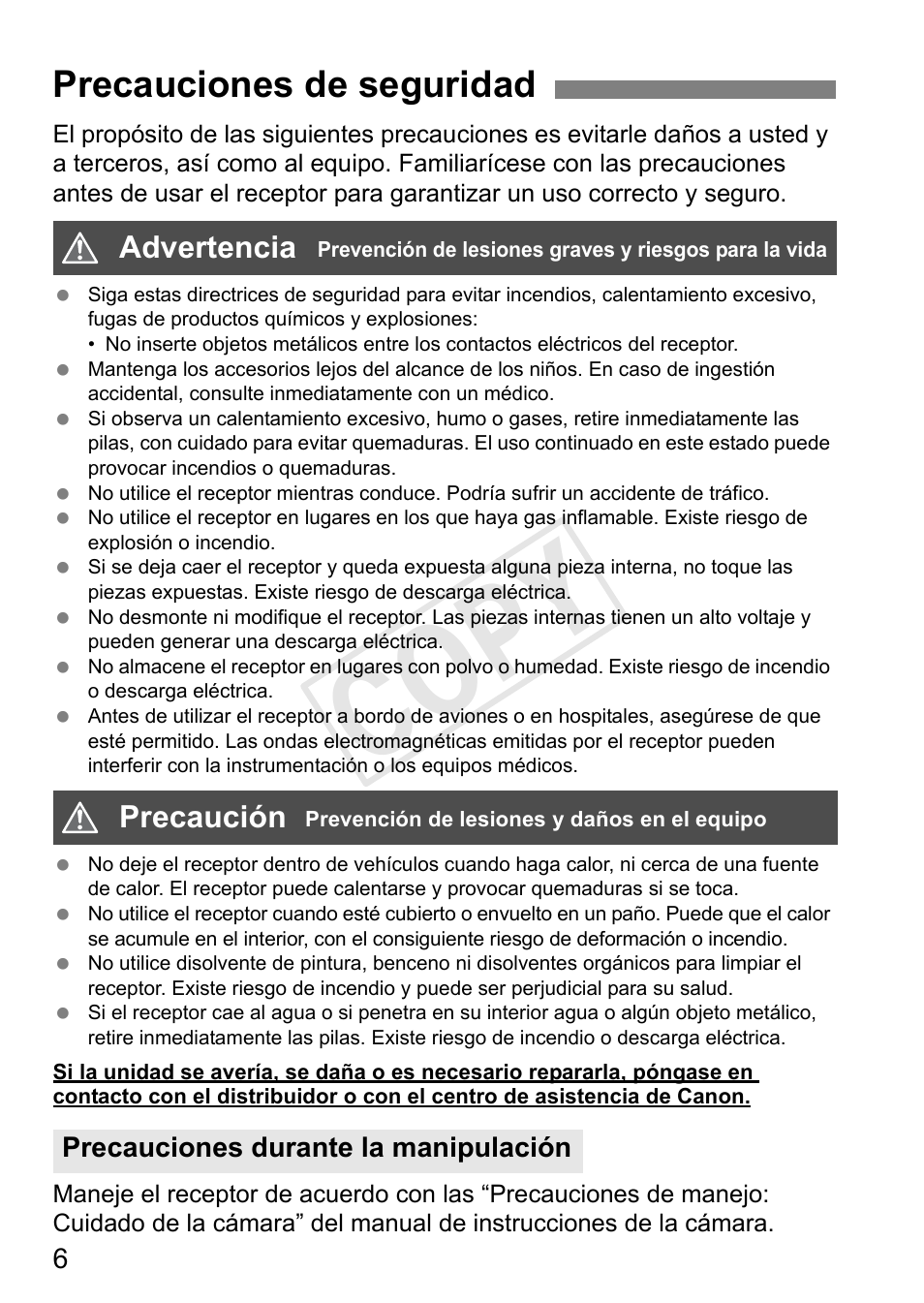 Cop y, Precauciones de seguridad | Canon GPS Receiver GP-E1 User Manual | Page 128 / 228