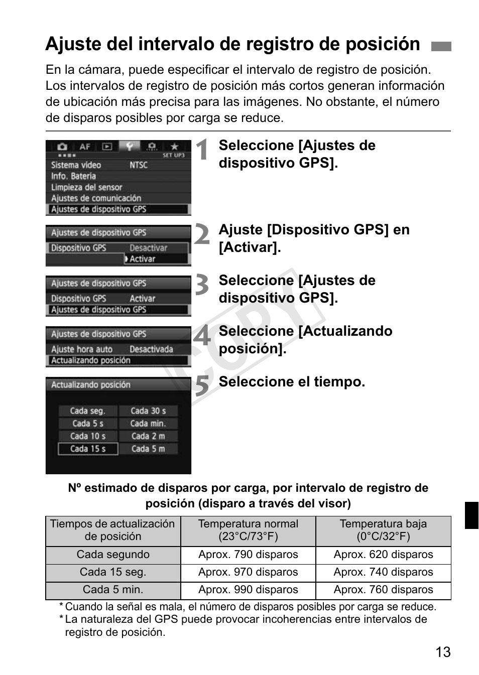 Cop y, Ajuste del intervalo de registro de posición | Canon GPS Receiver GP-E1 User Manual | Page 135 / 228
