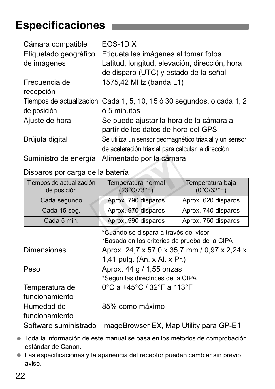 Cop y, Especificaciones | Canon GPS Receiver GP-E1 User Manual | Page 144 / 228
