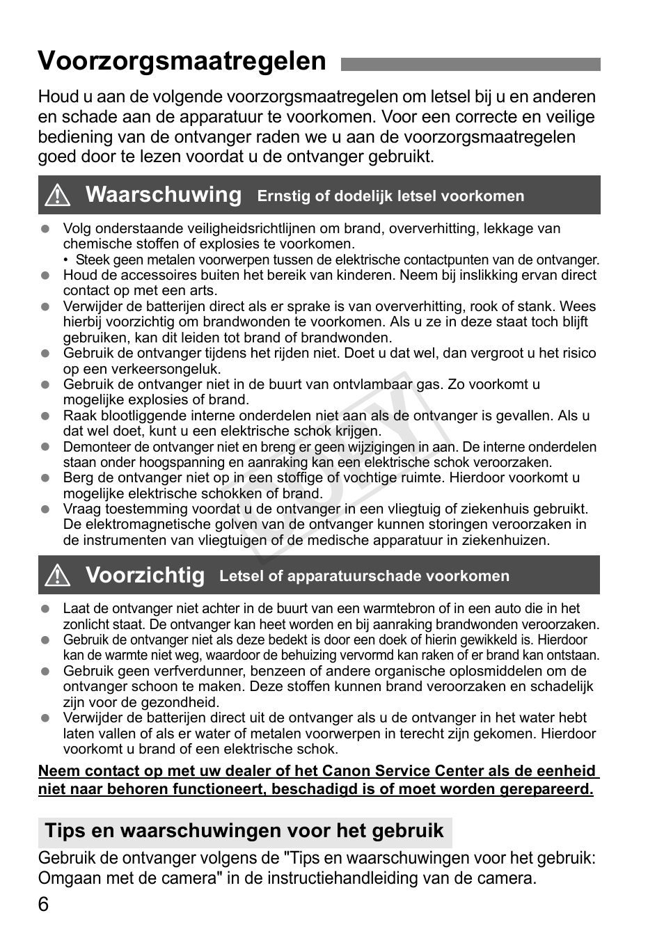 Cop y, Voorzorgsmaatregelen, Waarschuwing | Voorzichtig, Tips en waarschuwingen voor het gebruik | Canon GPS Receiver GP-E1 User Manual | Page 152 / 228