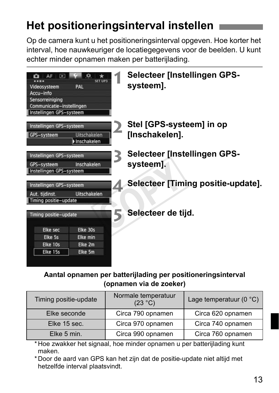 Cop y, Het positioneringsinterval instellen | Canon GPS Receiver GP-E1 User Manual | Page 159 / 228