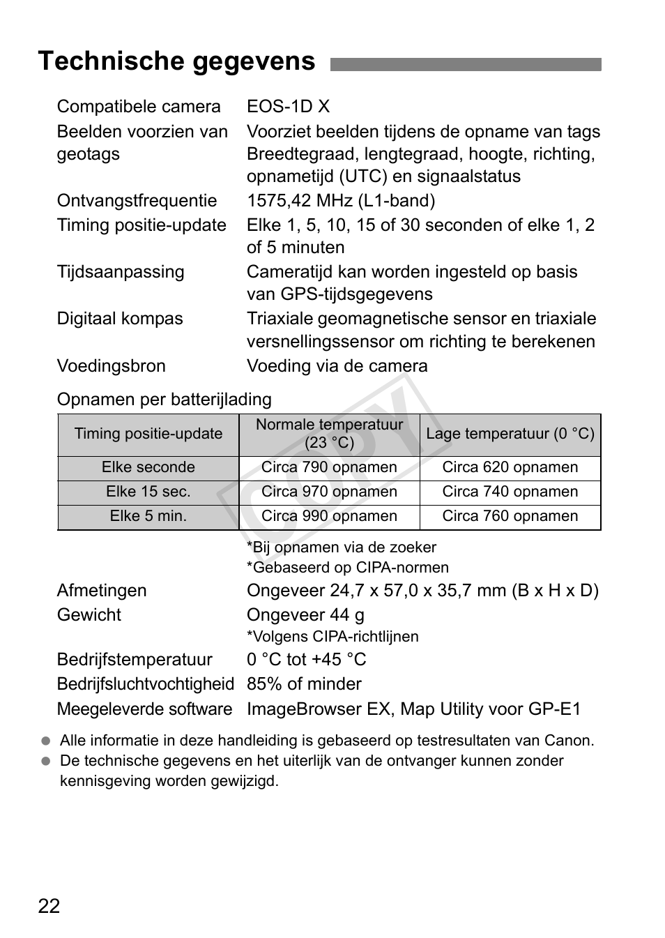 Cop y, Technische gegevens | Canon GPS Receiver GP-E1 User Manual | Page 168 / 228