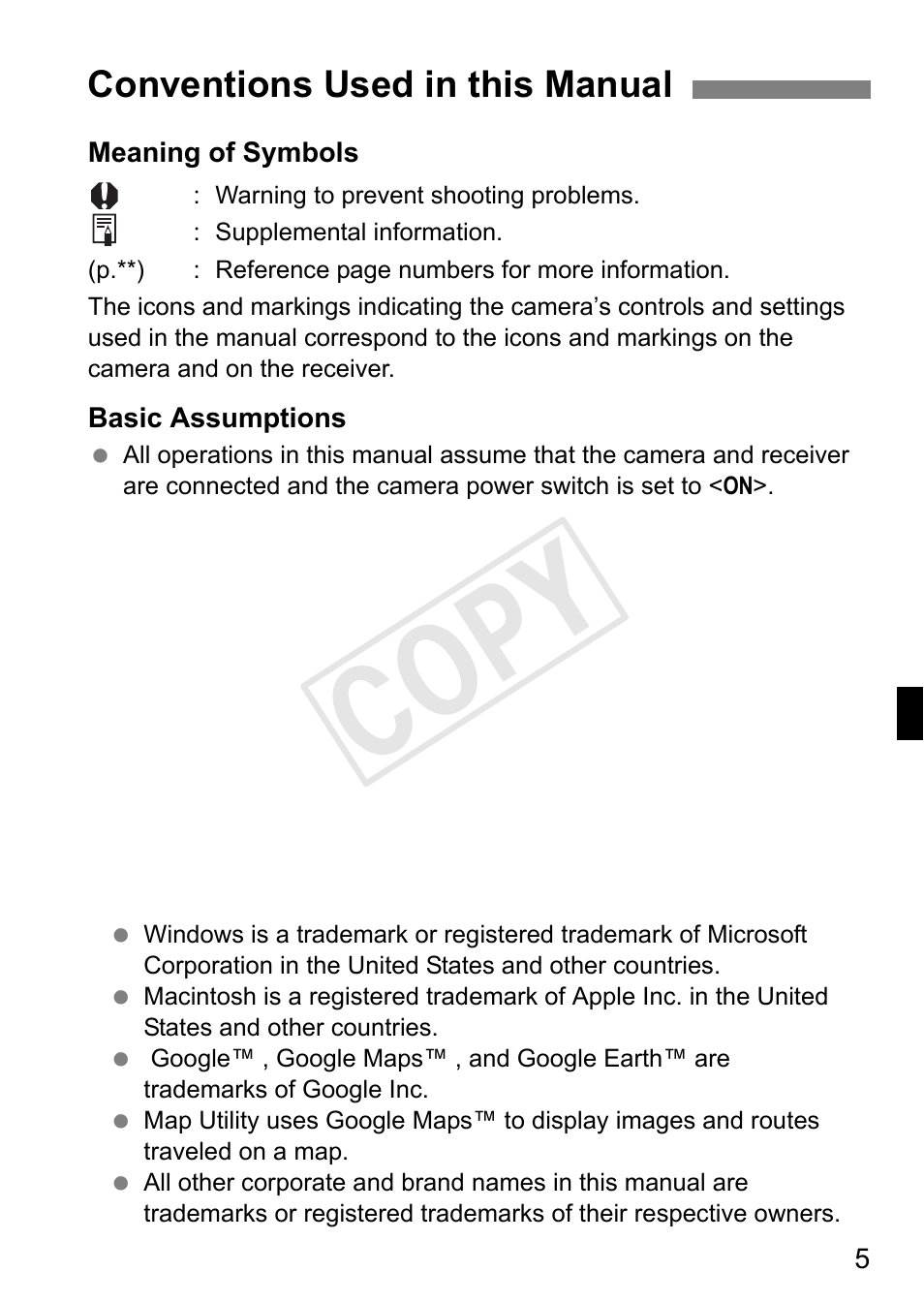 Cop y, Conventions used in this manual | Canon GPS Receiver GP-E1 User Manual | Page 31 / 228