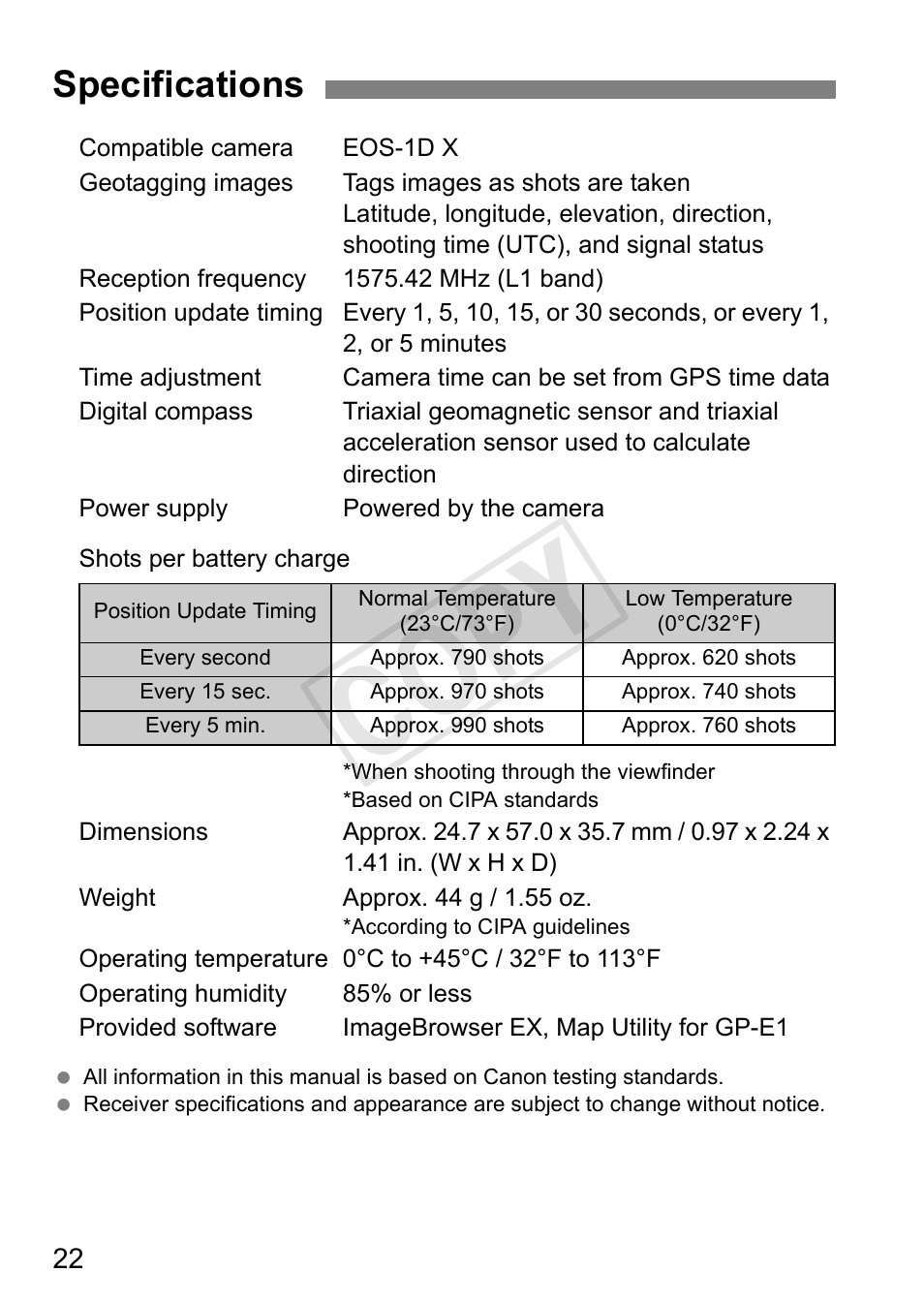 Cop y, Specifications | Canon GPS Receiver GP-E1 User Manual | Page 48 / 228